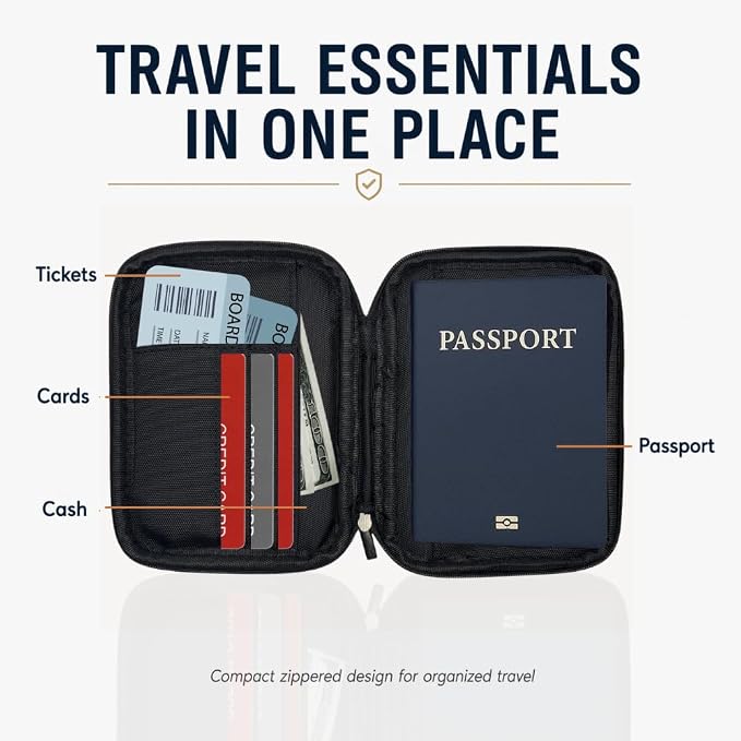 EM RFID Passport Holder with Zipper for Travel, AirTag Card Case, Black | Ideal for 1 passport, cards, cash, ID and boarding pass. Size: 4.7 x 0.8 x 6.1 in (L x W x H) with discreet AirTag pocket