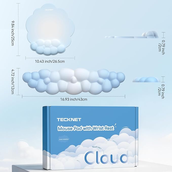 TECKNET Cloud Mouse Pad with Wrist Rest, Ergonomic Cloud Wrist Rest with Non-Slip Base, PU Leather Memory Foam Mouse Pad Wrist Support for Keyboard and Mouse, Pain Relief for Typing, Gaming, Blue