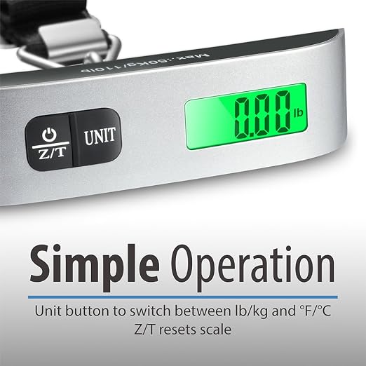 Fosmon Digital Luggage Scale, 110lbs Suitcase Baggage Scale, 1 Pack Silver | LCD Backlight Display, Temperature Sensor, Tare Function, Stainless Steel Heavy Duty, Hanging Suitcase Scale