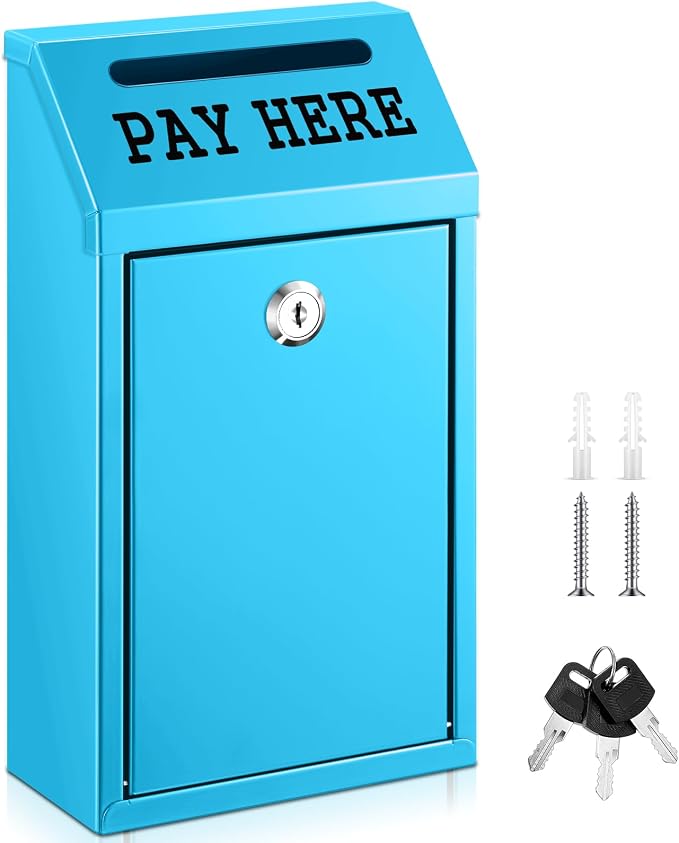 Yaocom Safe Metal Cash Box for Farm Stand – Money Drop and Secure Donation Collection, Wall Mount Lockable Unit with Pre Drilled Holes for Outdoor Self Serve(Light Blue,10.2 x 5.7 x 2.8 Inch)