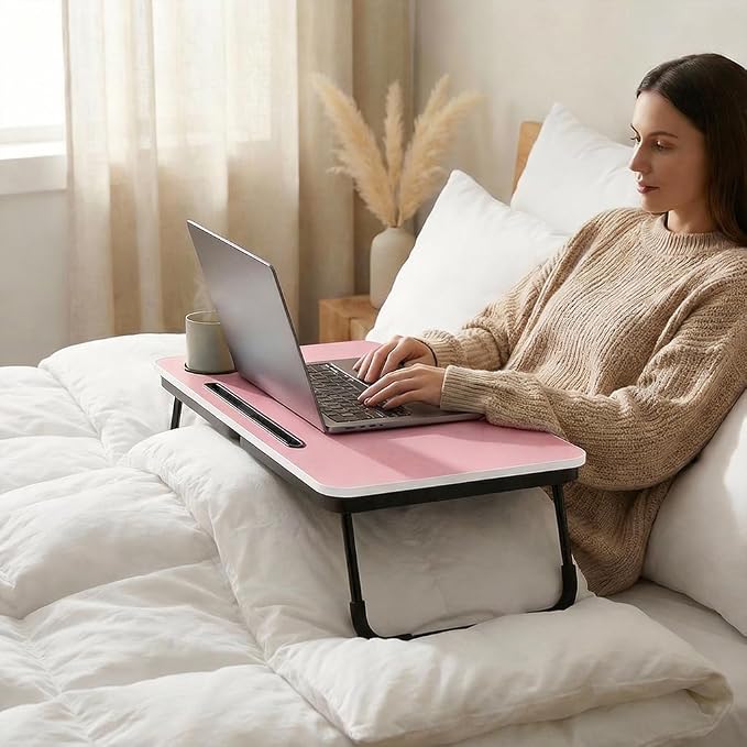BUYIFY 23.4" Foldable Lap Desk Bed Table with Cup Holder Portable Tray | Folds Flat for Easy Storage, No Assembly Laptop Bed Desk, Sturdy and Lightweight, Patent Design,Pink