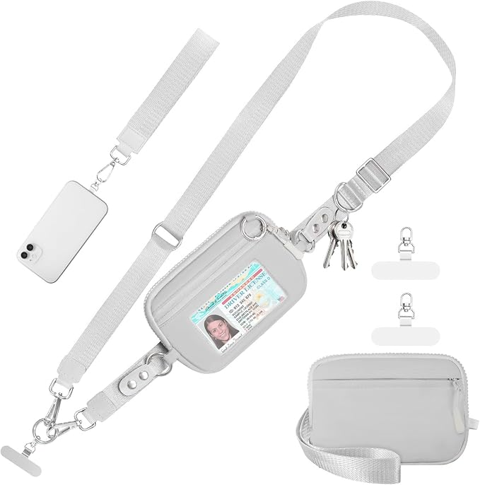 Tiostep Clip and Go Strap for Phone with Wallet Crossbody Phone Lanyard Adjustable and Detachable RFID Wristlet Wallet (Grey, Medium)