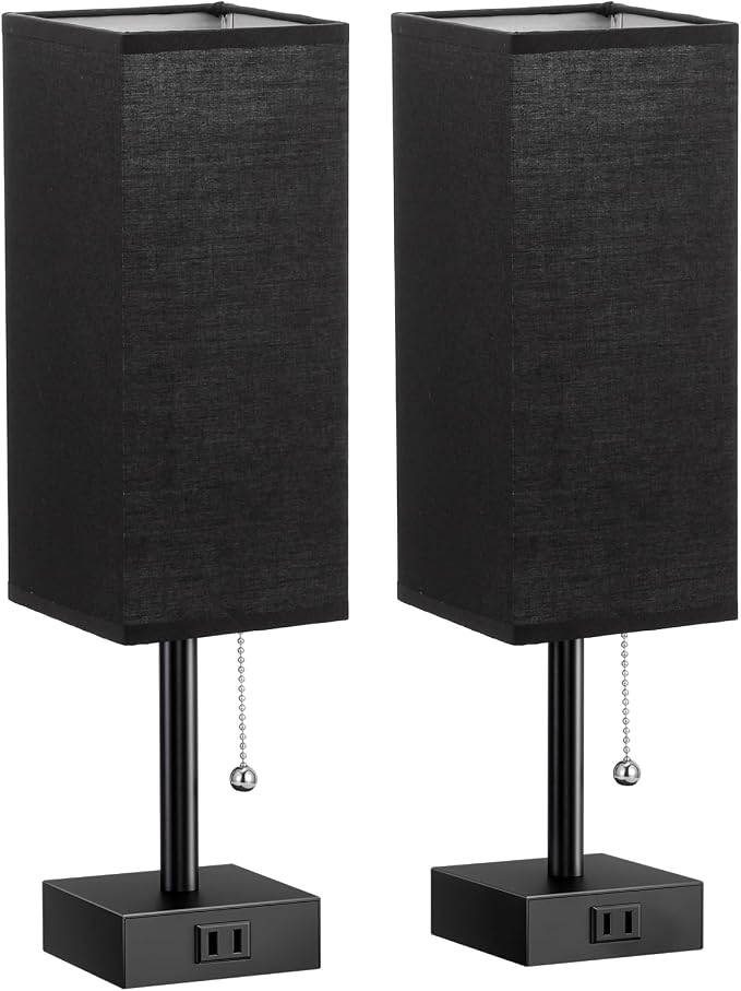 Bedside Lamp for Bedroom Set of 2 - Black Table Lamp for Nightstand | AC Outlet, 3 Color Temperatures, LED Bulb Included, Pull Chain Design, 14" Rectangular Desk Lamp for Dorm/Office, 2-Pack