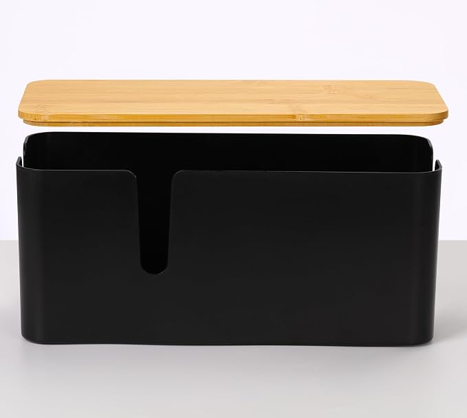 ZhiYo Large Cable Management Box, Thick ABS Power Strip Organizer, Black | Extra-Tall Design for Oversized Adapters, Natural Bamboo Lid, Fits Power Strips Up to 12.5" Long, Ideal for Desks, TV Areas