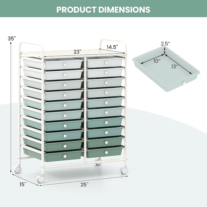 Giantex 20 Drawers Rolling Cart, Mobile Storage Drawer Cart, Classroom Organizer Cart for Office School Supplies Tools Scrapbook Paper Craft Small Printer, Utility Cart on Wheels, Green Gradient