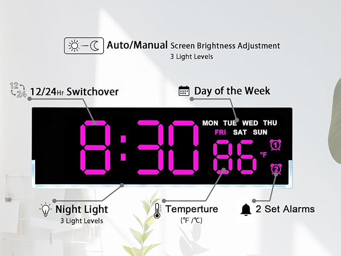 JENLYSTIME 7 Inch LED Digital Alarm Clock with Dual Alarms & Bottom Glow｜Displays Time, Date, Day, Temperature ｜3-Level Auto/Manual Brightness, DST, USB or Battery Powered Modern Desk Clock(Rose Red)