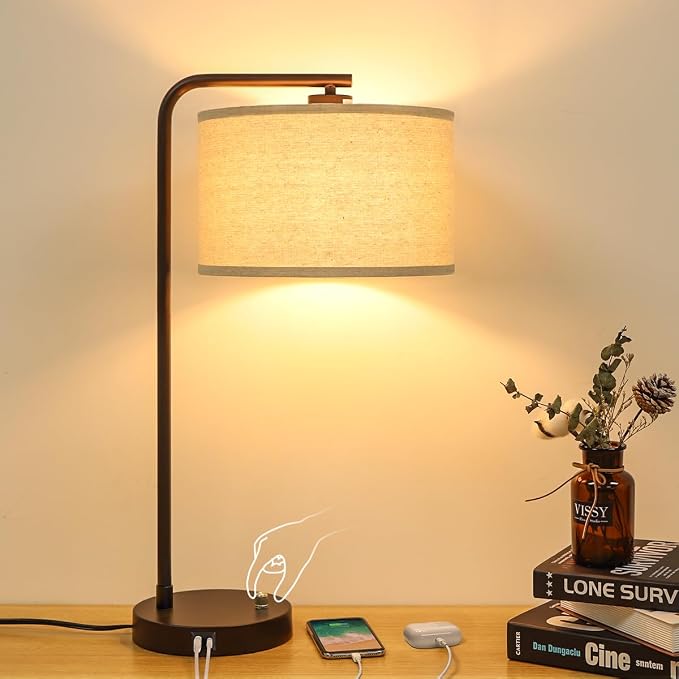 25" Tall Table Lamp with USB C+A Ports, Fully Stepless Dimmable Modern Minimalist Bedside Nightstand Lamp, Reading Desk Lamp for Bedroom, Living Room, Study Room, Office, 9W 3000K LED Bulb Included
