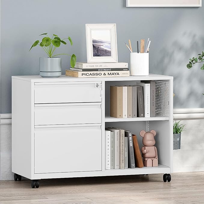 MIIIKO 3 Drawer File Cabinet with Lock, Metal Lateral Rolling Printer Stand Filing Cabinets for Home Office Storage,A4, Letter,File Folders(White)