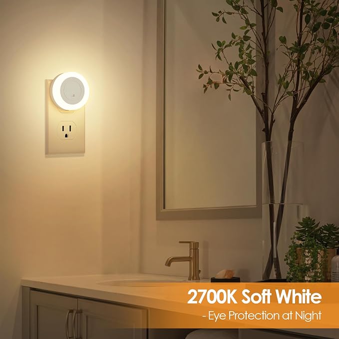 FOLKSMATE LED Night Lights Plug in, 2-Pack Dimmable Nightlight Plug Into Wall with Light Sensor, Soft White Adjustable for Adults, Bedroom, Bathroom, Livingroom