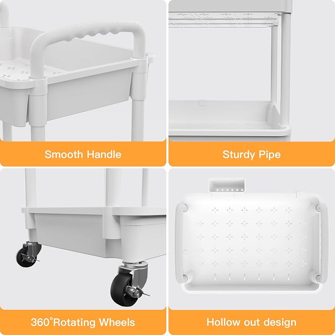 5 Tier Rolling Utility Cart with Handle,REBECAT Utility Cart Made of Multifunctional Storage Organizer Tool for Kitchen,Bathroom,Living Room,Office(White)