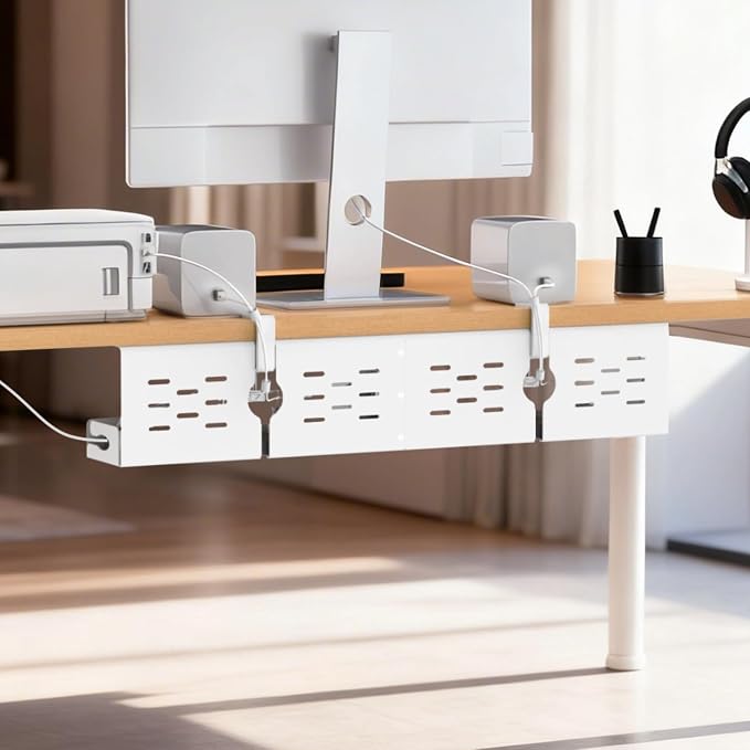 Univivi Under Desk Cable Management Tray, Cable Management, 32 inch, White | Durable Steel Material, Desk Cable Management with No-Drill C-Clamp and Screw Mount, Cord Management for Office/Home