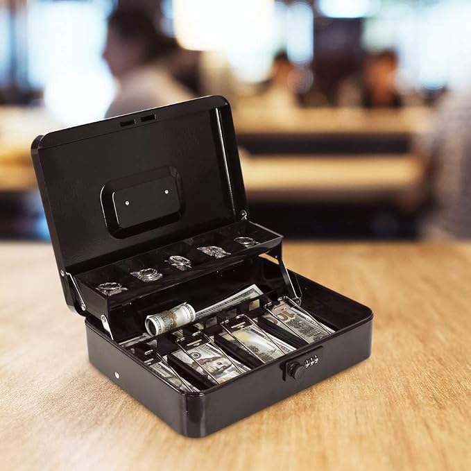 Cash Box with Money Tray and Combination Lock Metal Money Box for Cash Register Tiered Lock Box for Money 11.8" x 9.4" x 3.54" Black