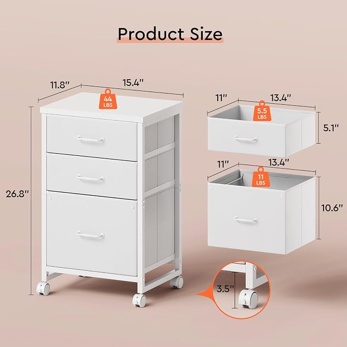 3 Drawer File Cabinet with Wheels with Open Storage Shelf, White | Rolling Printer Stand Fabric Lateral Filing Cabinet for Home Office