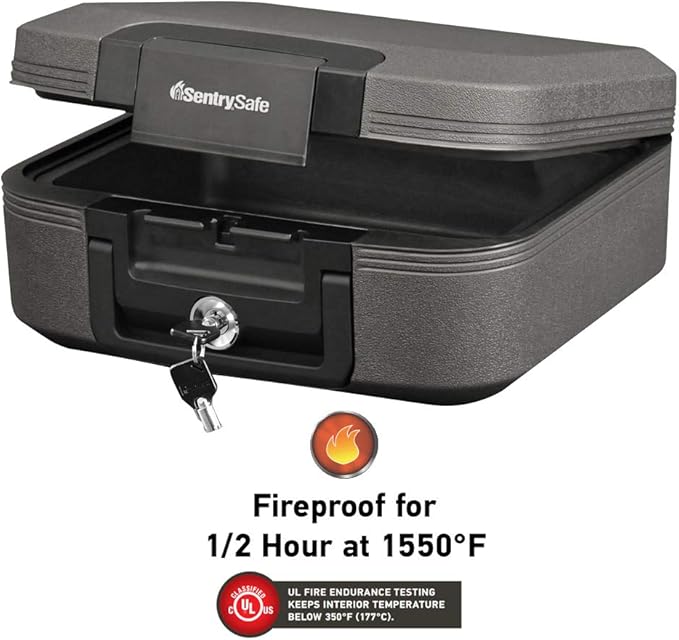 SentrySafe Fireproof and Waterproof Chest Box with Key Lock, Black Travel Safe with Interior Lighting and Carrying Handle, 0.28 Cubic Feet, 6.6 x 15.4 x 14.3 Inches, CHW20205