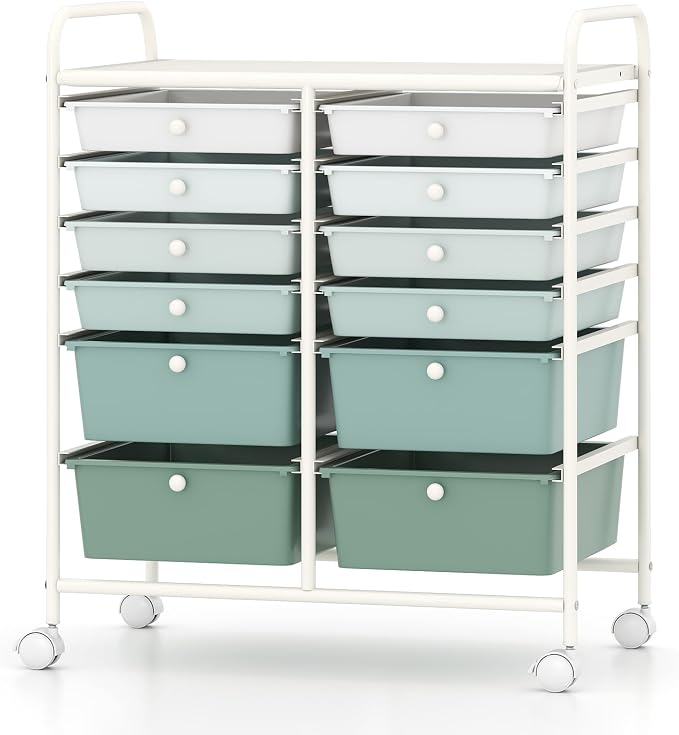 BECOMFORT 12-Drawer Rolling Cart with Drawers, Storage Cart on Wheels, Teacher Classroom Organizers with Metal Frame, Mobile Craft Cart, Trolley Utility Cart for School Office Play Room