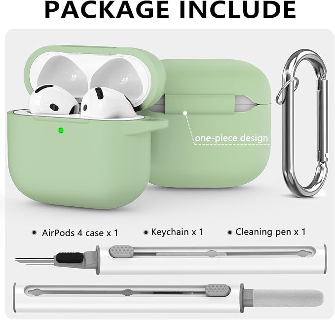 Ljusmicker for AirPods 4 Case 2024 with Cleaner Kit,Soft Silicone Protective Cover for Apple AirPods 4th Generation Cases for Women Men,for AirPod 4 Case Accessories with Keychain-Pastel Green