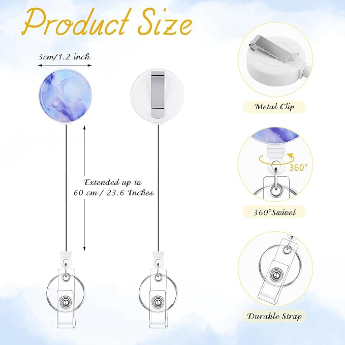 BESARME 3 Pack Badge Reels Retractable Badge Clip with Key Ring Retractable Badge Holders for Office Worker Teacher Nurse Student（Marble）