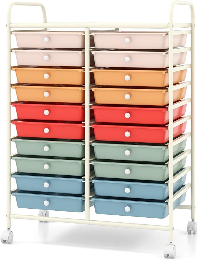 COSTWAY 20-Drawer Rolling Storage Cart, Utility Storage Organizer Cart | For Tools, Scrapbook, Paper, Craft, Multipurpose Storage Trolley on Wheels for Home Office School (Macaron)
