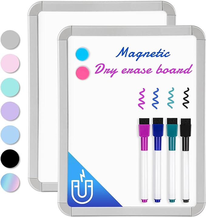 VUSIGN Magnetic Dry Erase Board, 8.5 x 11 Inches White Board, Gray, 2 Pack | Includes 4 Dry Erase Markers,Small Mini White Board for Students Fridge Wall Locker