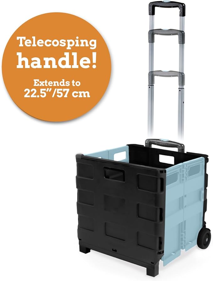 Ultra-Slim Rolling Collapsible Storage Pack-N-Roll Utility-carts, with Telescopic Handle, for Home, Garden, Shopping, Office, School use, Large, Baby Blue & Black
