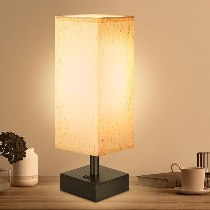 DEGNJU Small Lamp for Bedroom, Bedside Lamps for Night Stands, Mini Minimalist Table Lamp With Square Flaxen Fabric Shade, 11 Inch Desk Reading Lamp for Dorm Living Room Office, 1 Pack