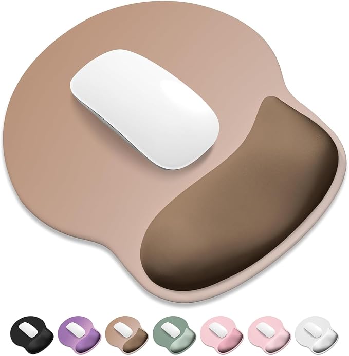 ITNRSIIET Ergonomic Mouse Pad with Wider Memory Foam Wrist Rest +17% - Curved Cushion Reduces Pressure 20%, Pain Relief, Non-Slip, Smooth, Cute Colors, 9.85 x 9 in, Soft Brown Gradient
