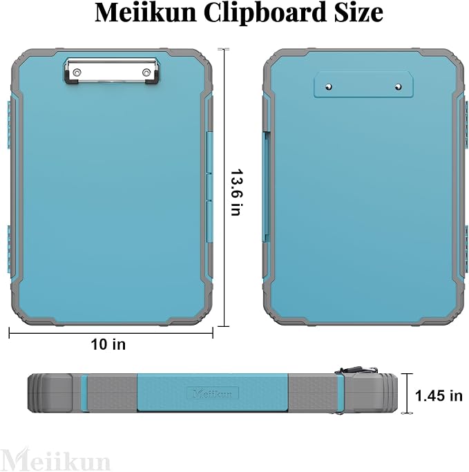 Meiikun Clipboard with Storage, Rugged Shockproof Protective, Internal Pen Pouch & Metal Clip, Heavy Duty Plastic Clip Boards 8.5x11, High Capacity Contractor Folder for School Office (Light Blue)