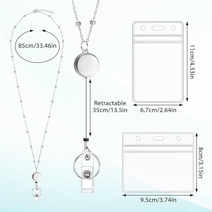 Prudiut Lanyards for Id Badges Stainless Steel Badge Lanyard with 2 Pcs Waterproof Badge Holder Retractable Badge Lanyards Teacher Lanyard for Cruise Ship Key Cards Id Badges (Sliver)