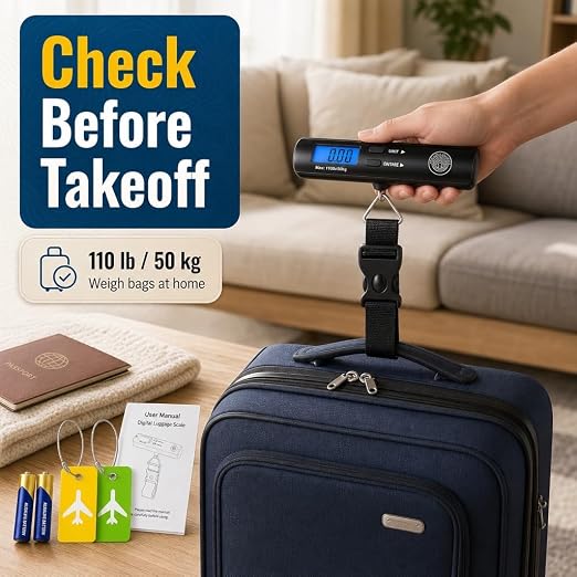 Digital Luggage Scale, Backlit LCD, 110lb, Hook | Handheld hanging suitcase scale, tare function, auto shut-off, battery included, 2 bonus luggage tags, secure locking hook