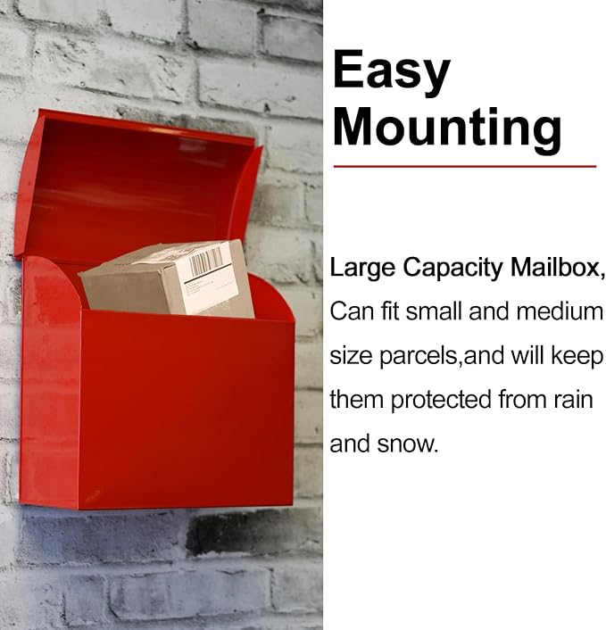 NACH Large Mailbox for House, 12.4”x7.1”x11.8 Red Mailboxes for Outside, Waterproof Mailbox - Baxter-Style Wall Mount Mailboxes for Outside