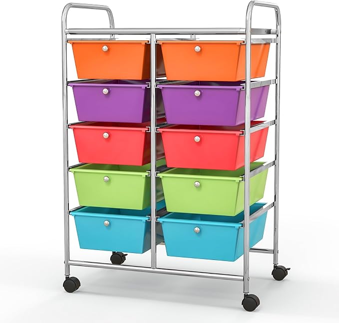 BECOMFORT 10-Drawer Rolling Cart with Drawers, Storage Cart on Wheels, Teacher Classroom Organizers with Metal Frame, Mobile Craft Cart, Trolley Utility Cart for School Office Play Room