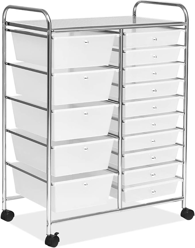 RELAX4LIFE 15-Drawer Rolling Storage Drawer Cart Organizer | 34.5"H Chrome Frame, Semi-Transparent Clear Drawers Rolling Wheels; School Office Home Salon Multipurpose Utility Storage