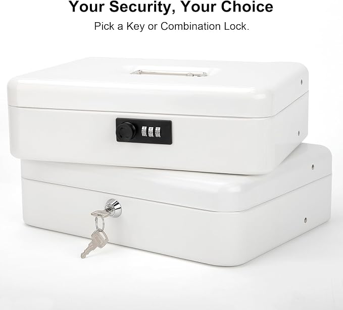 Jssmst Locking Large Metal Cash Box with Money Tray, Money Box with Key Lock, White, SM-CB0504L