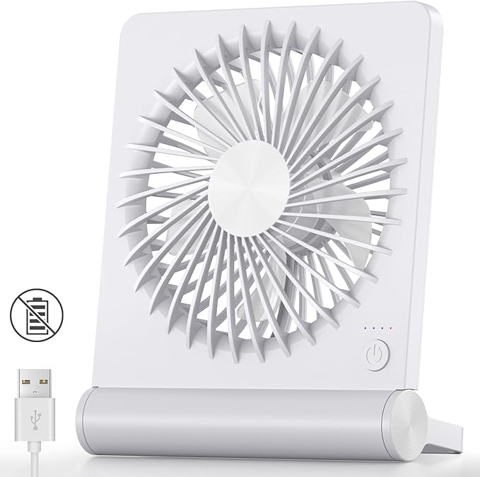 Koonie USB Desk Fan, Strong Wind Ultra Quiet Small Mini Fan | 220° Tilt Folding & 3 Speeds Adjustable, USB-C Powered Personal Fan for Home Office Desktop, White, NO BATTERY