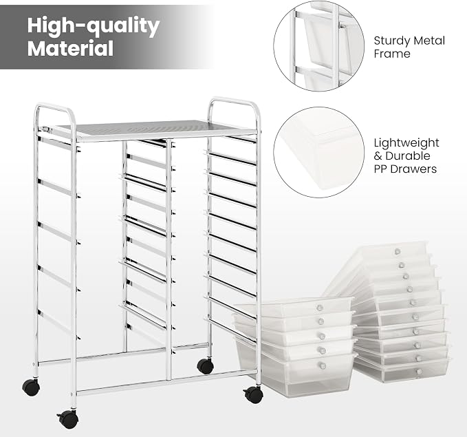 BECOMFORT 15-Drawer Rolling Cart with Drawers, Storage Cart on Wheels, Teacher Classroom Organizers with Metal Frame, Mobile Craft Cart for Tools, Trolley Utility Cart for School Office Play Room
