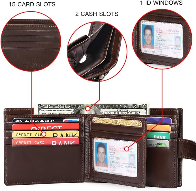 GOIACII Mens Wallet Large Capacity Genuine Leather RFID Blocking Bifold Wallets for Men with ID Window and 15 Card Slots