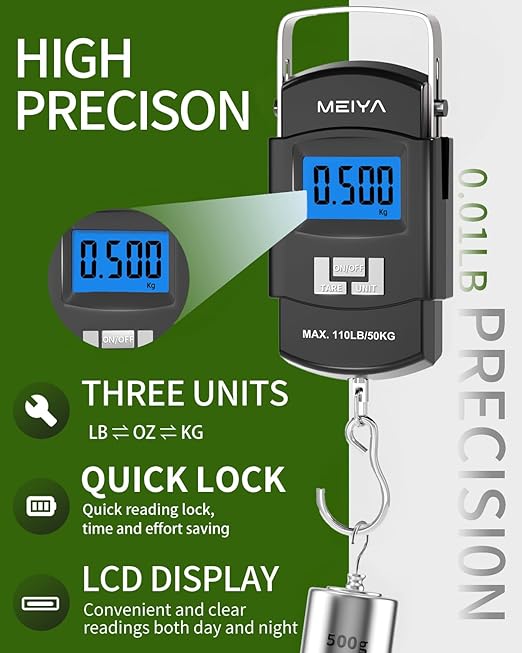 MEIYA Fish Scale 110lb/50kg Digital Fishing Scale with Backlit LCD, Portable Handle, Stainless Steel Hook & 2 AAA Batteries – Reliable Fishing Gear & Great Fishing Gifts for Men