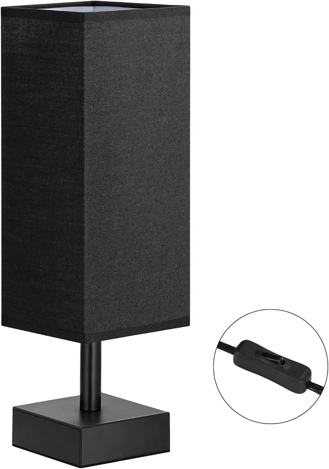 aooshine Small Bedside Table Lamp for Bedroom - Square Black Fabric Shade | Inline Rocker Switch, Corded Electric, Bulb Not Included, 12.8" Mini Table Lamp for Nightstand, Desk, Dorm, Office