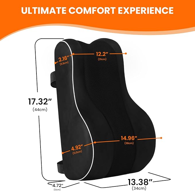 CloudBliss Lumbar Support Pillow, Memory Foam for Office, Standard, Black | Ergonomic High-Density Memory Foam, Adjustable Straps, Washable Mesh Cover, Lower Back Support for Office, Gaming & Car Seat
