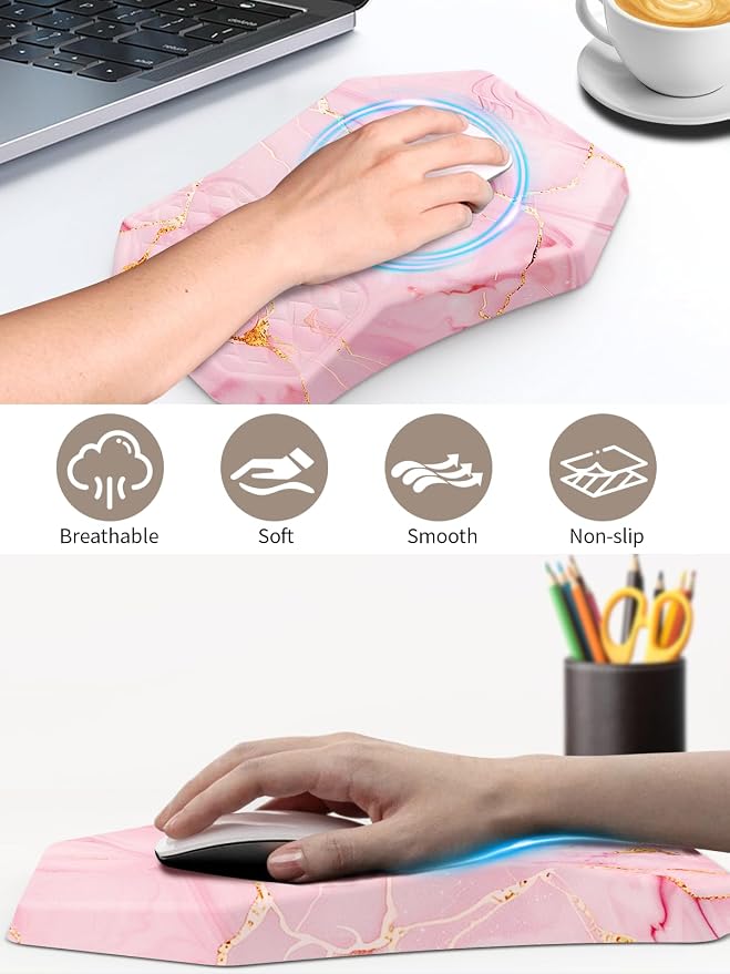 3-in-1 Ergonomic Keyboard Stand with Wrist Rest & Mouse Pad Set,Pink Marble | Comfy Keyboard Riser Holder Soft Mousepad with Massage Design, Memory Foam and Non-Slip PU Base for Pain Relief