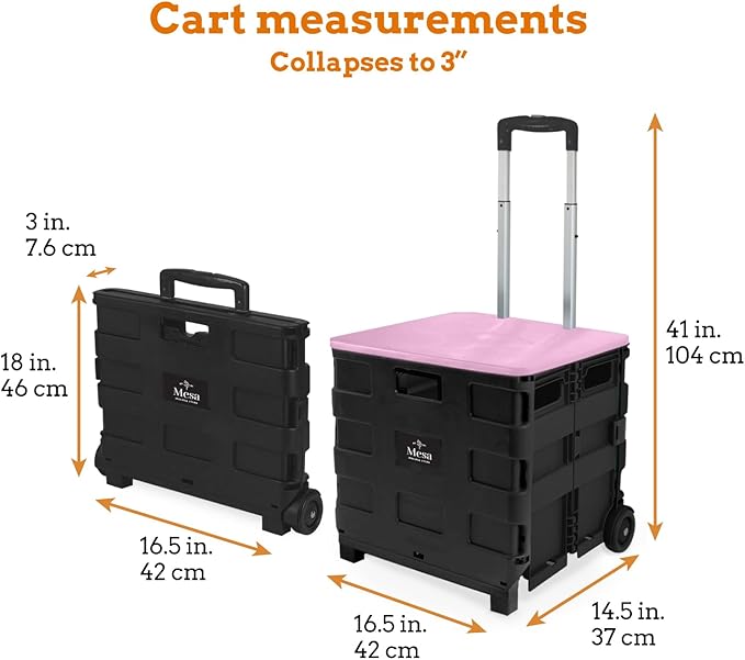 Collapsible Ultra-Slim Pack-N-Roll,2 Wheel Utility Cart w/Lid Used as Seat up to 250 Lbs, Telescopic Handle, Super Strong, for Home,Garden,Shopping,Office,School, Large, Pink & Black