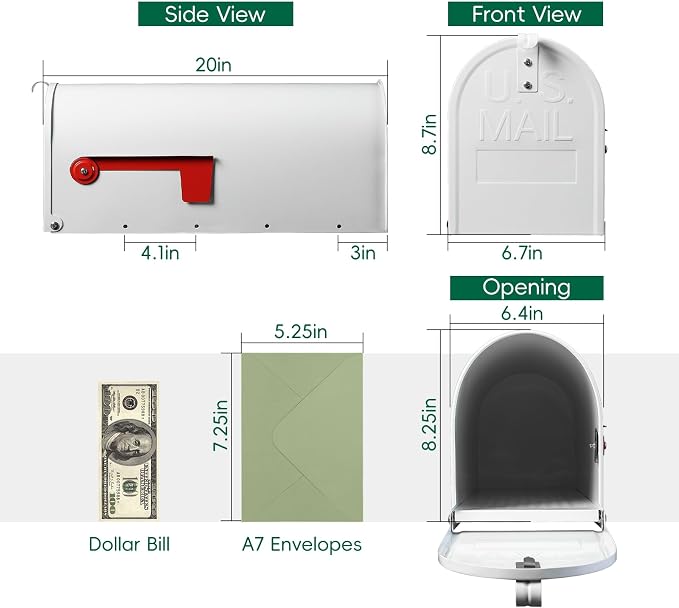 BlissBoard White Mailboxes for Outside Post Mount, Galvanized Steel Metal Mailbox, Standard Size, 20 x 8.7 x 6.7 Inches