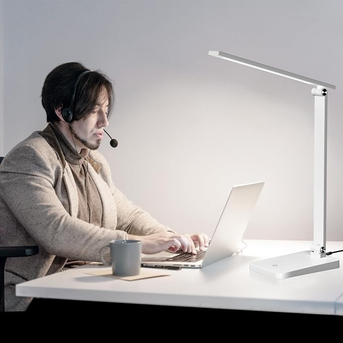 LED Desk Lamp for Home Office, 3 Levels Dimmable Desk Light with USB Charging Port, Reading Lamp for Table Study Work Office Nail Craft Puzzle, White, 5000K