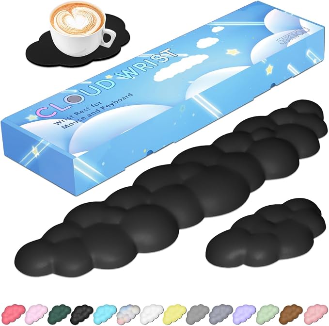 JIKIOU Upgrade Leather Cloud Wrist Rest for Keyboard and Mouse & Cup Pad | Wish Gift-Cute Cloud Shape, Comfortable and don’t Irritate to Skin, Non-Slip PU Base,Soft Memory Foam filled for Pain Relief