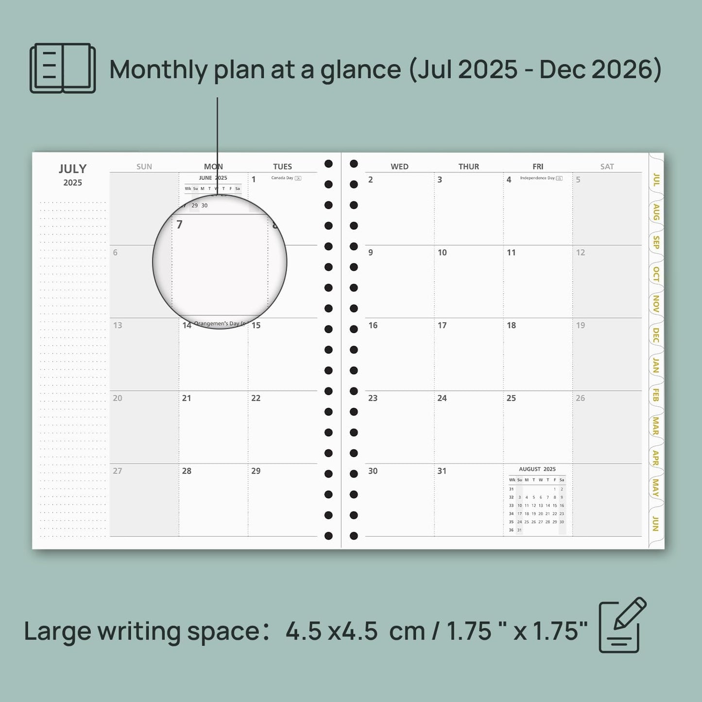 POPRUN Monthly Planner 2025-2026 Spiral Hardcover (8'' x 10''), 18 Months Calendar (Jul.2025 - Dec.2026)- 2 Pages per Month with Dotted Note Pages, Sunday Start, Laminated Tab - Black