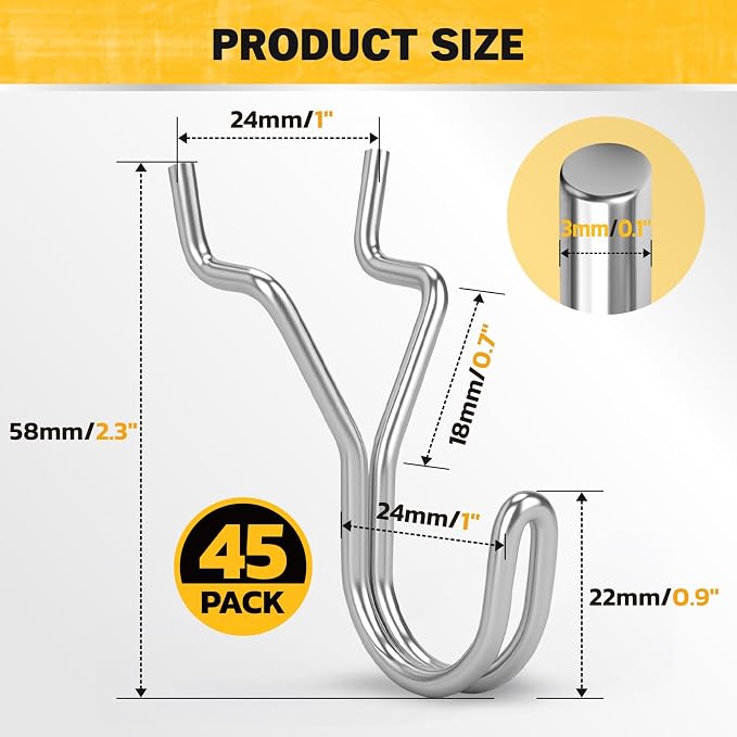 ELEAD 45-Piece Pegboard Hooks J-Hook, Silver J Hooks for Pegboard, Fits 1/8” & 3/16” Pegboards, Heavy Duty Peg Board Hooks for Hanging Keys, Retail Items & Small Tools