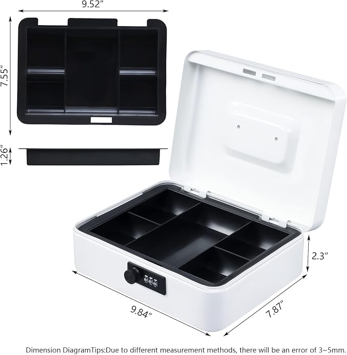KYODOLED Large Cash Box with Combination Lock,Safe Metal Box for Money, Storage Lock Box with Money Tray,9.84"x 7.87"x 3.54" White Large