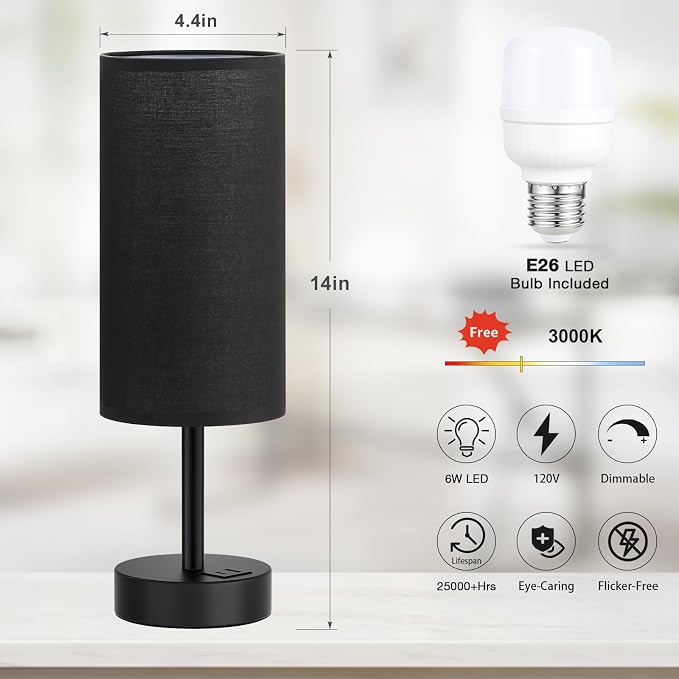 Dicoool Bedside Table Lamp for Bedroom - 3-Way Dimmable Touch Lamp, USB A+C | LED Bulb Included, 14" Small Nightstand Lamp for Desk, Living Room, Guest Room, Black Fabric Lampshade, Black Metal Base