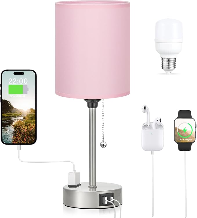 Small Bedside Table Lamp for Bedroom - Desk Lamp with USB Ports for Dorm | USB A+C Ports, AC Outlet, 3-Color Temps, LED Bulb Included, Soft Pink Fabric Shade, Sleek Silver Base, 14" Night Stand Lamp