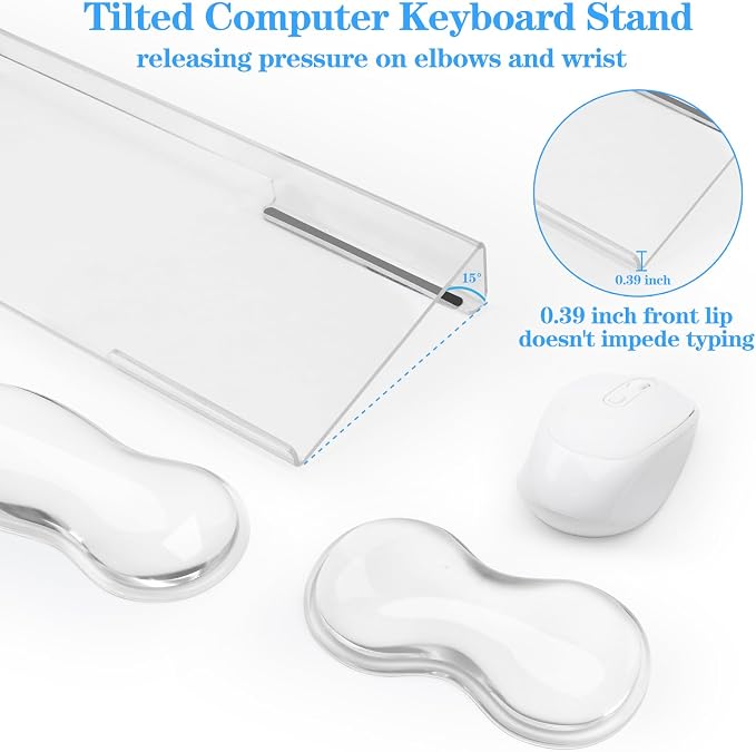 Computer Keyboard Stand with Gel Keyboard Wrist Rest, Tilted Acrylic Keyboard Holder - Ergonomic Wrist Rest Support Keyboard for Typing Pain Relief，Suitable for Office/Computer/Laptop/Gaming